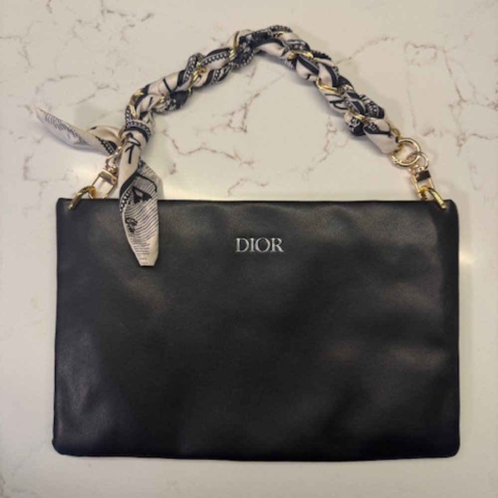 Christian DIOR beauty CD chain bag scarf clutch purse shoulder black leather